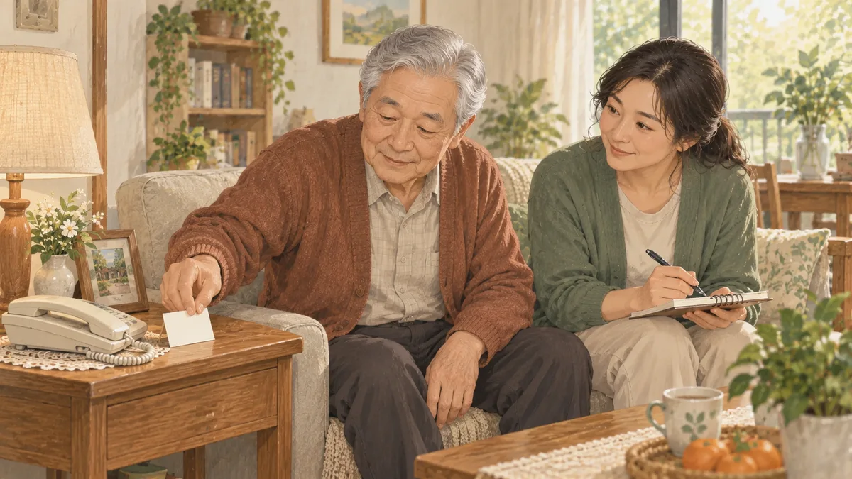 老人把联系人卡放在电话旁