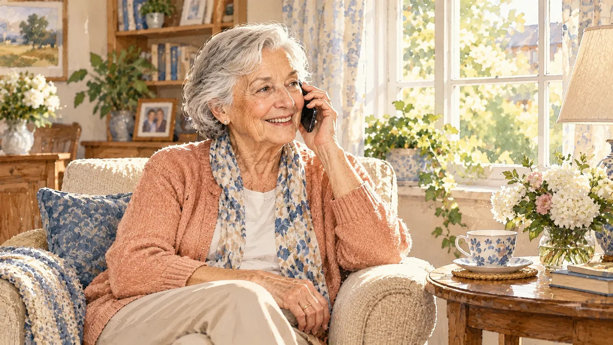 An older woman speaking with family by phone