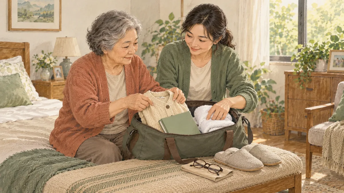 陪母亲收拾住院要带的生活用品
