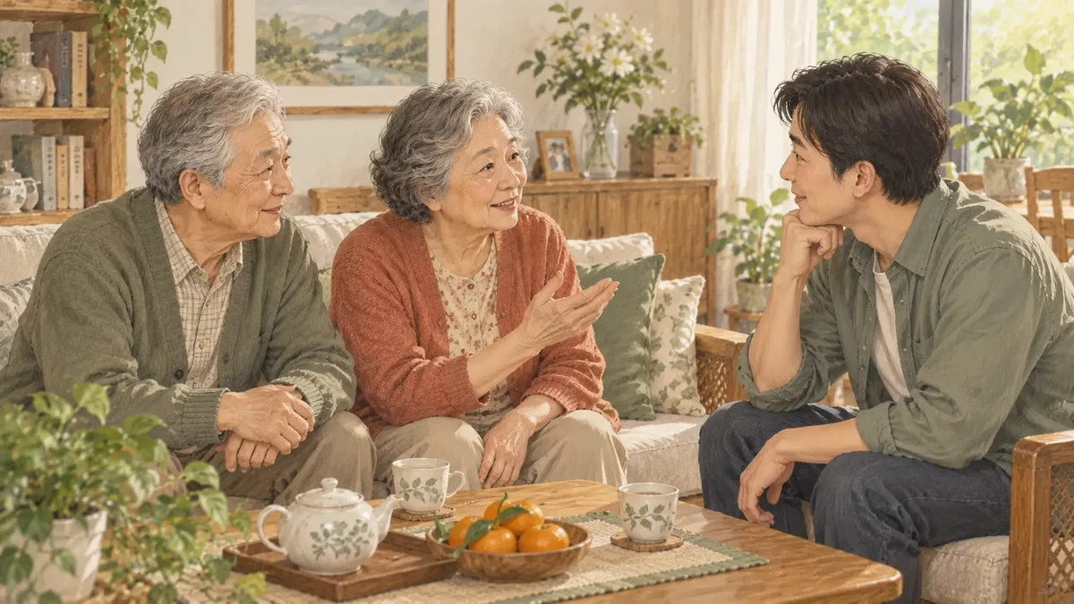 家人在客厅商量以后的居住安排