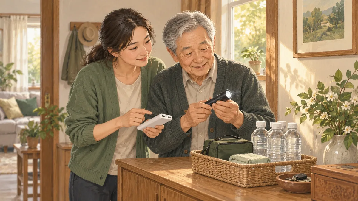家人整理手电和备用生活用品