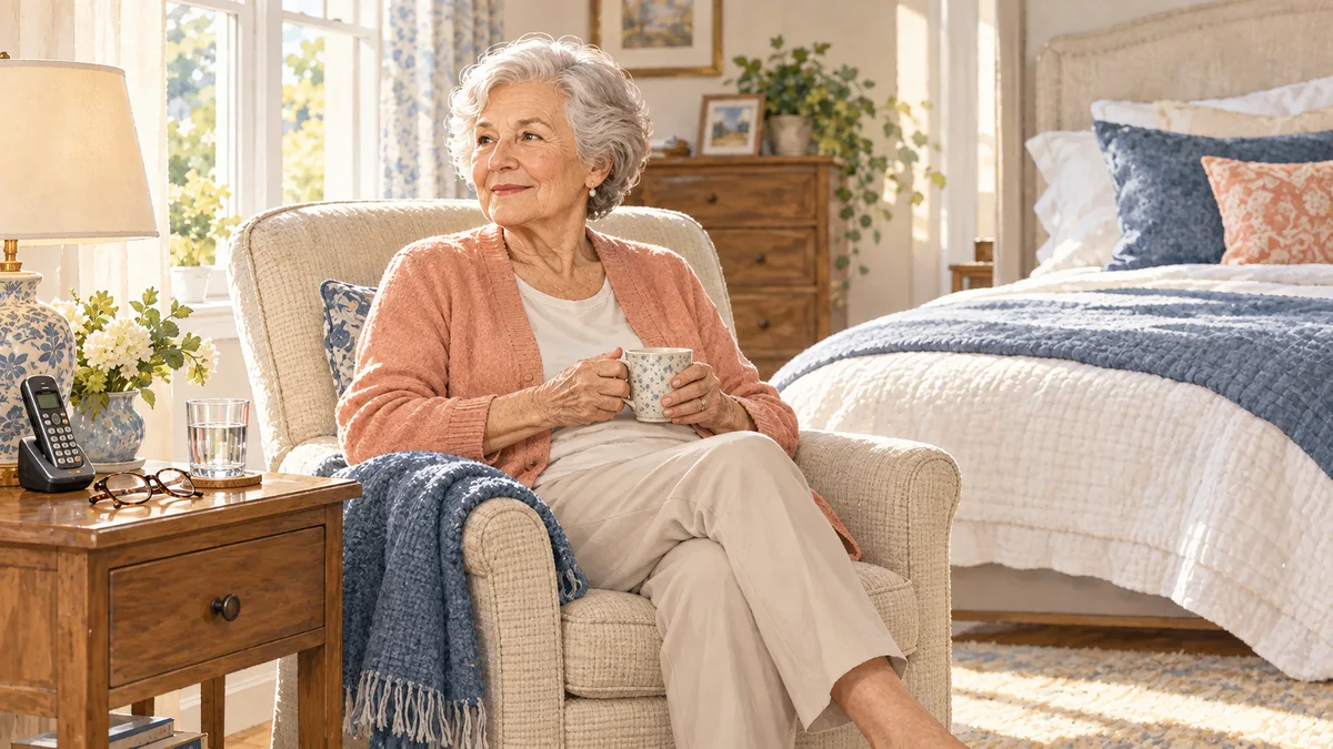 Illustrated home scene for Bedroom safety for older adults: start beside the bed