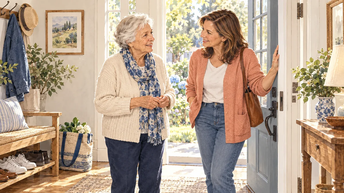Illustrated home scene for Entrance safety for older adults: keys, bags and shoes
