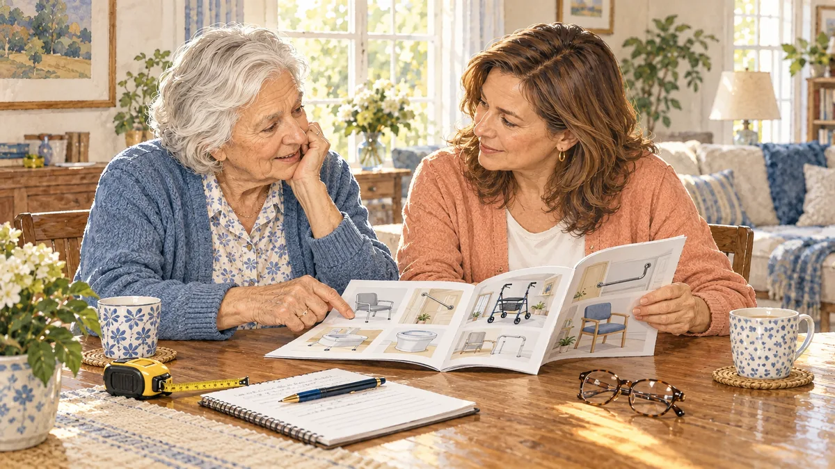 Illustrated home scene for Fall prevention equipment: what to ask before buying