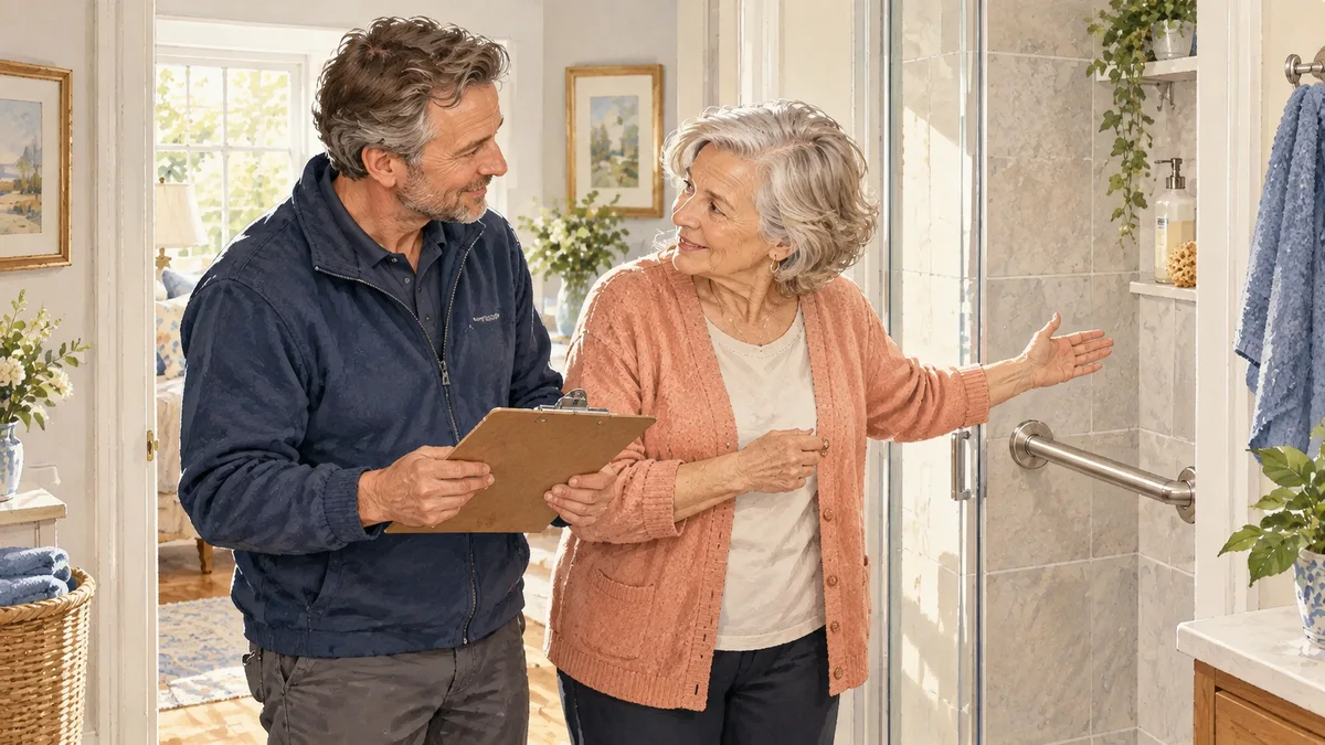 Illustrated home scene for Bathroom grab bars: what to check before installation