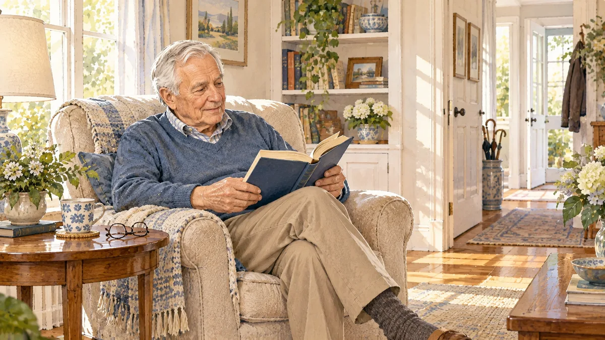 Illustrated home scene for Living room safety: keep everyday things within reach