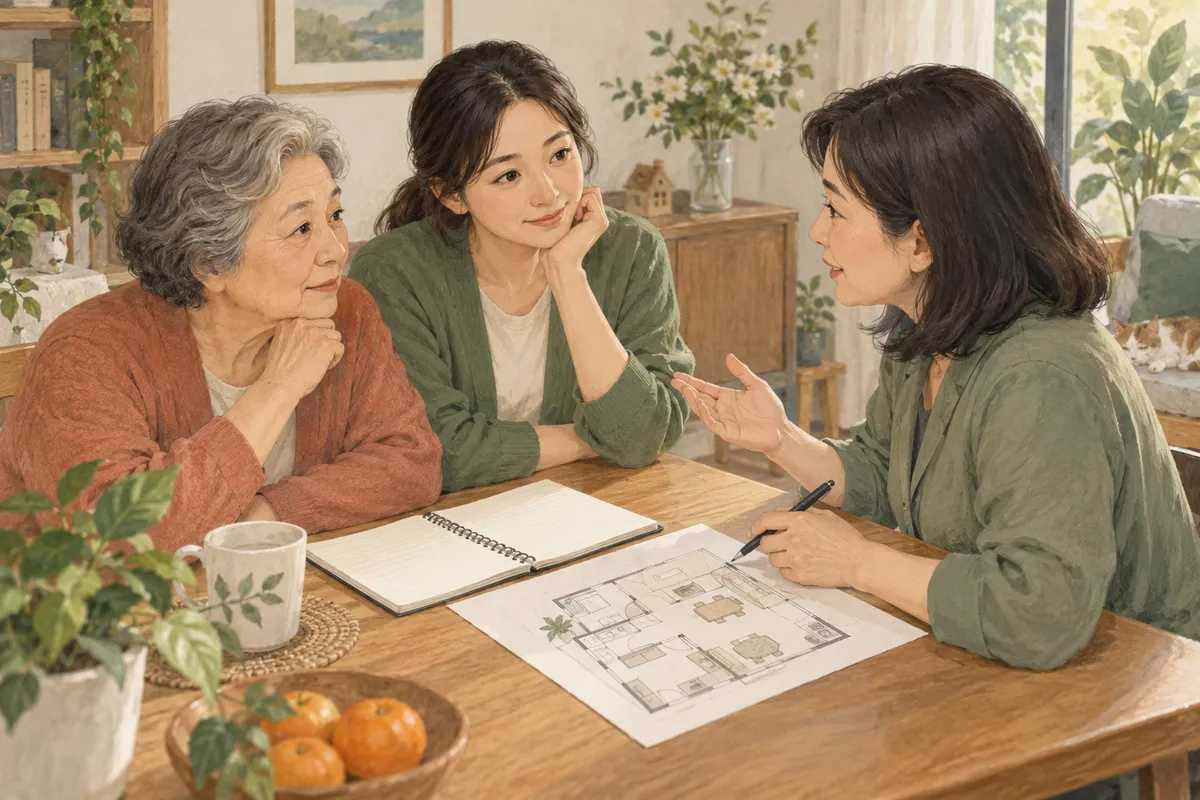 家里哪里不方便，找谁来看看？的场景插画