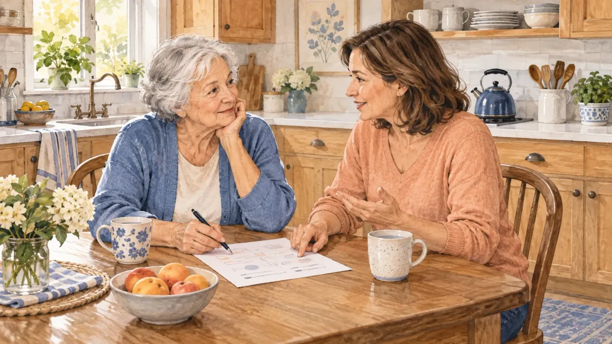 Illustrated home scene for Kitchen safety for older adults: make daily tasks easier