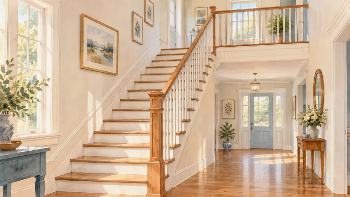 Illustrated home scene for Stair safety for older adults: what to look for